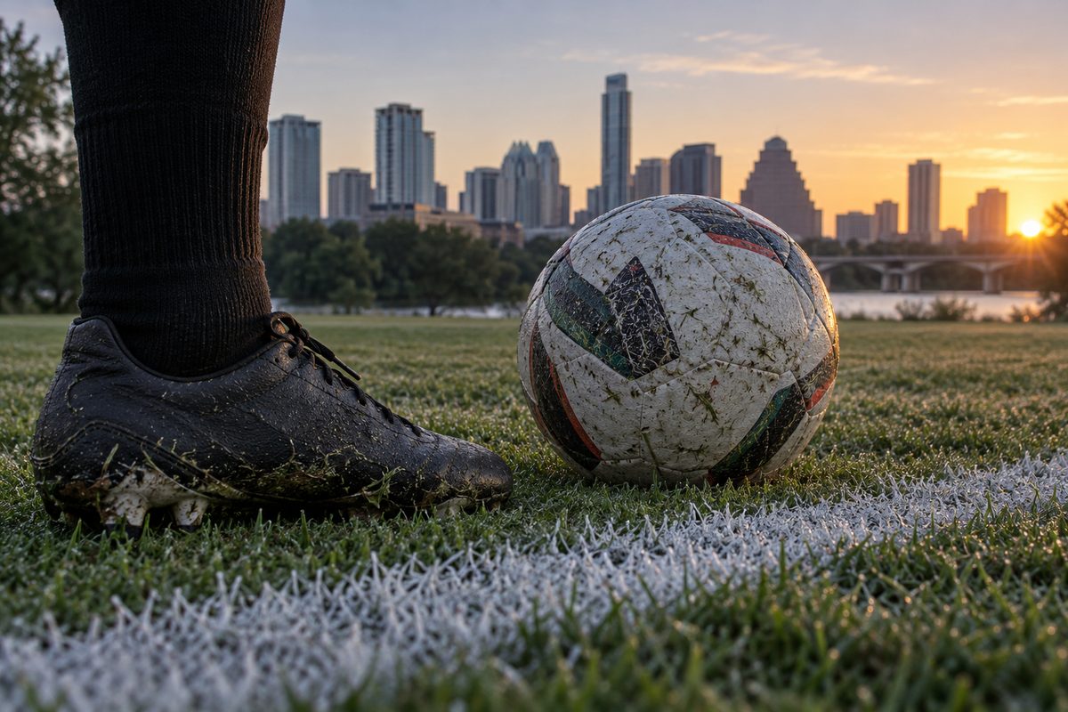 A football boot and match ball beside a chalk touchline at first light