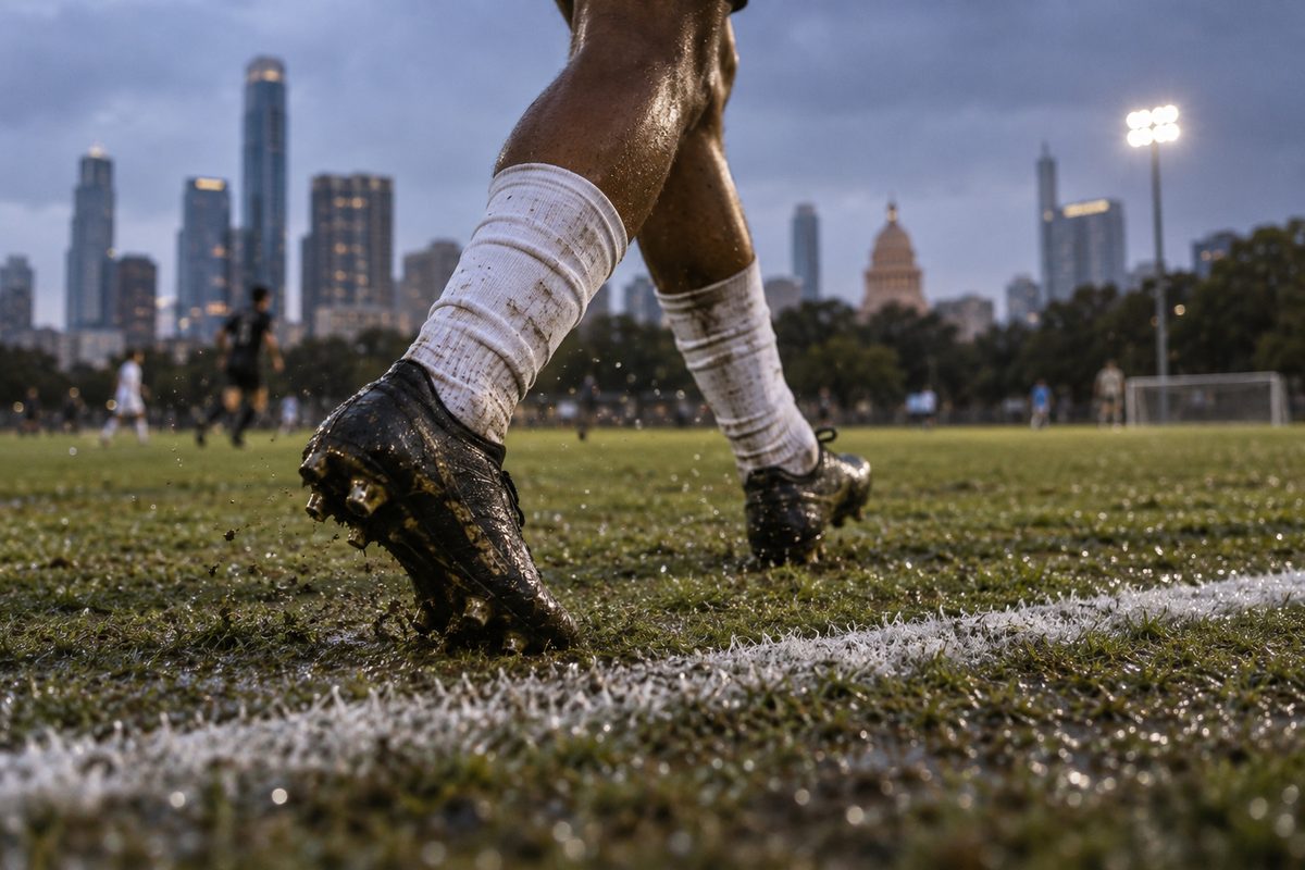 Football boots crossing wet turf beside a painted touchline