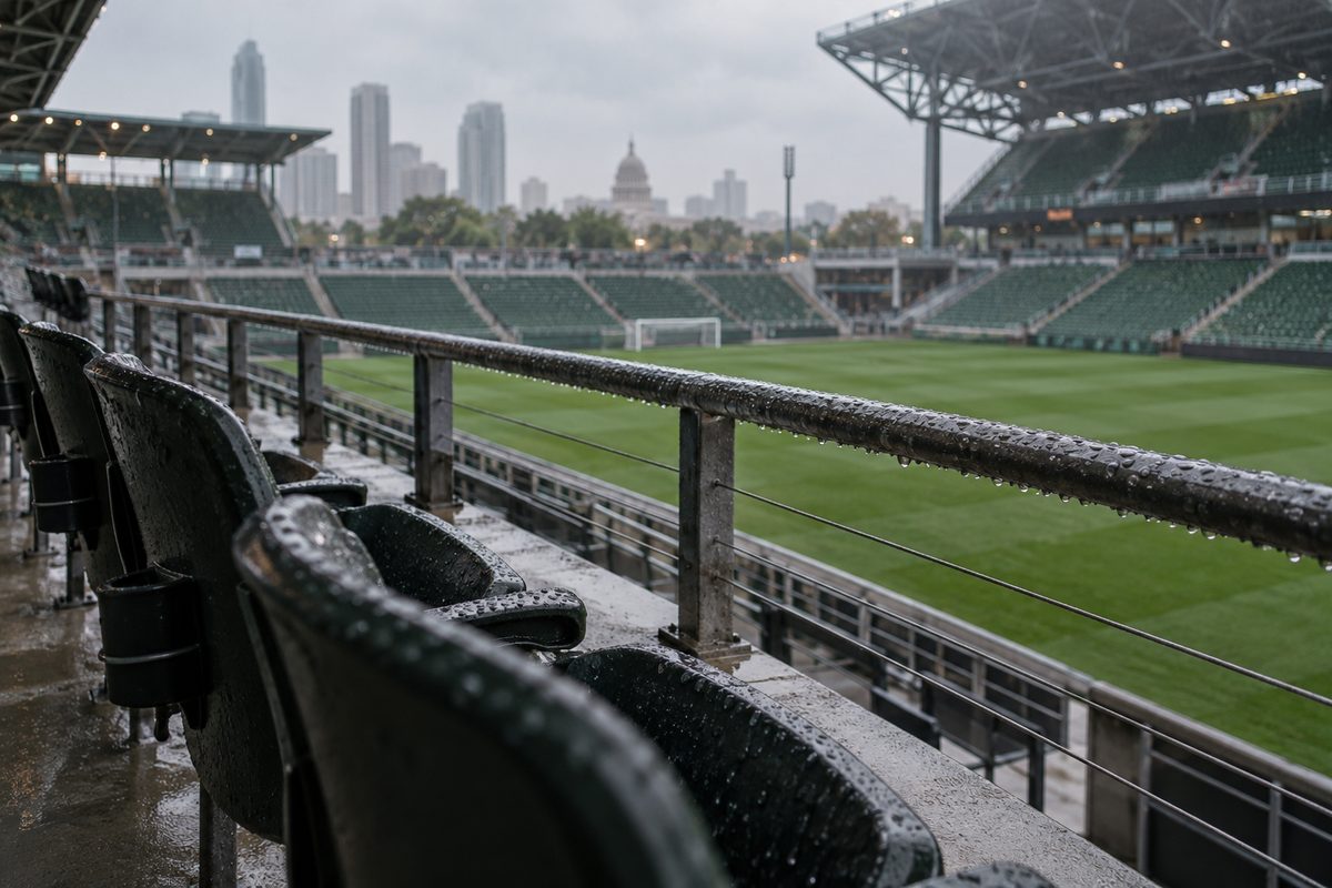 Rain on an empty stadium rail with the football pitch beyond