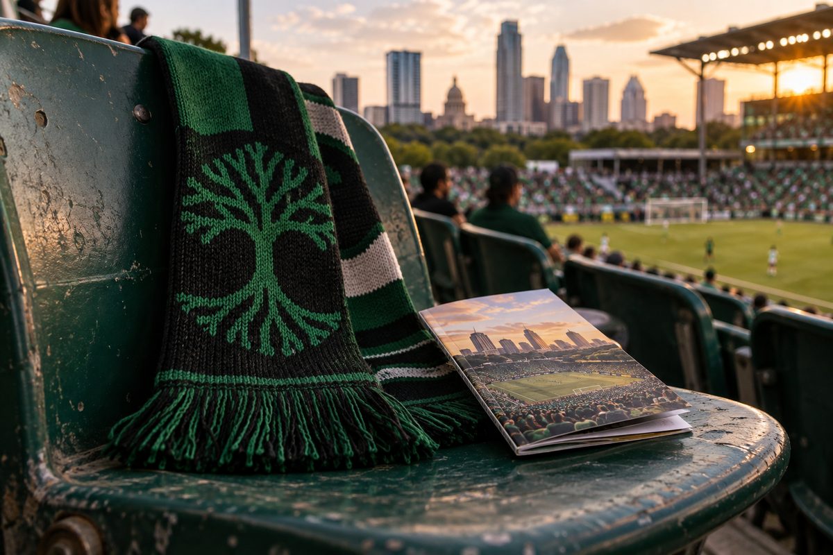 A supporters scarf and folded fixture card on a stadium seat