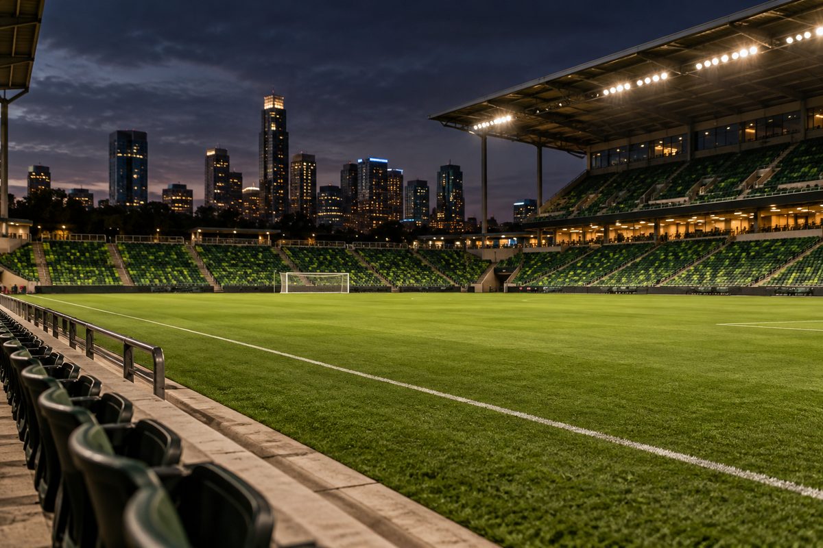A floodlit football pitch before kickoff viewed from the sideline