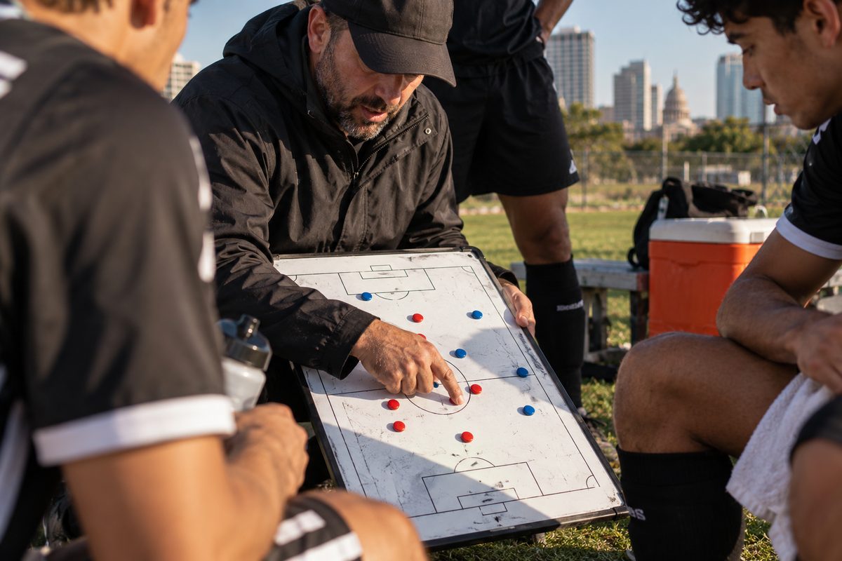 A manager pointing at a half-time football tactics board