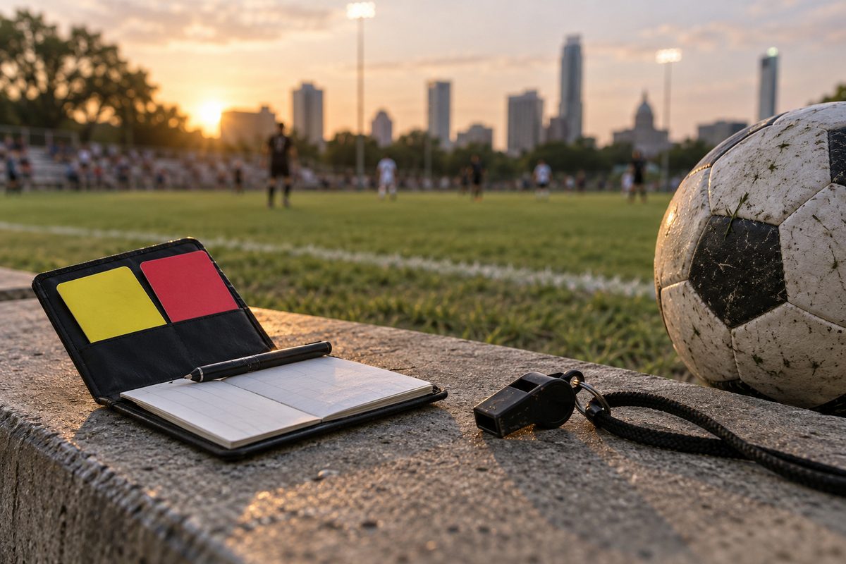 A referee notebook, whistle and match ball beside a football pitch