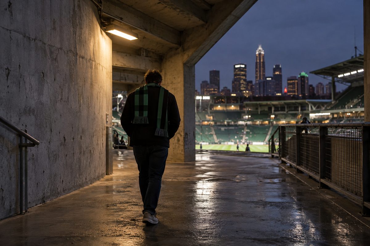 A lone supporter beneath a stadium stand after the final whistle