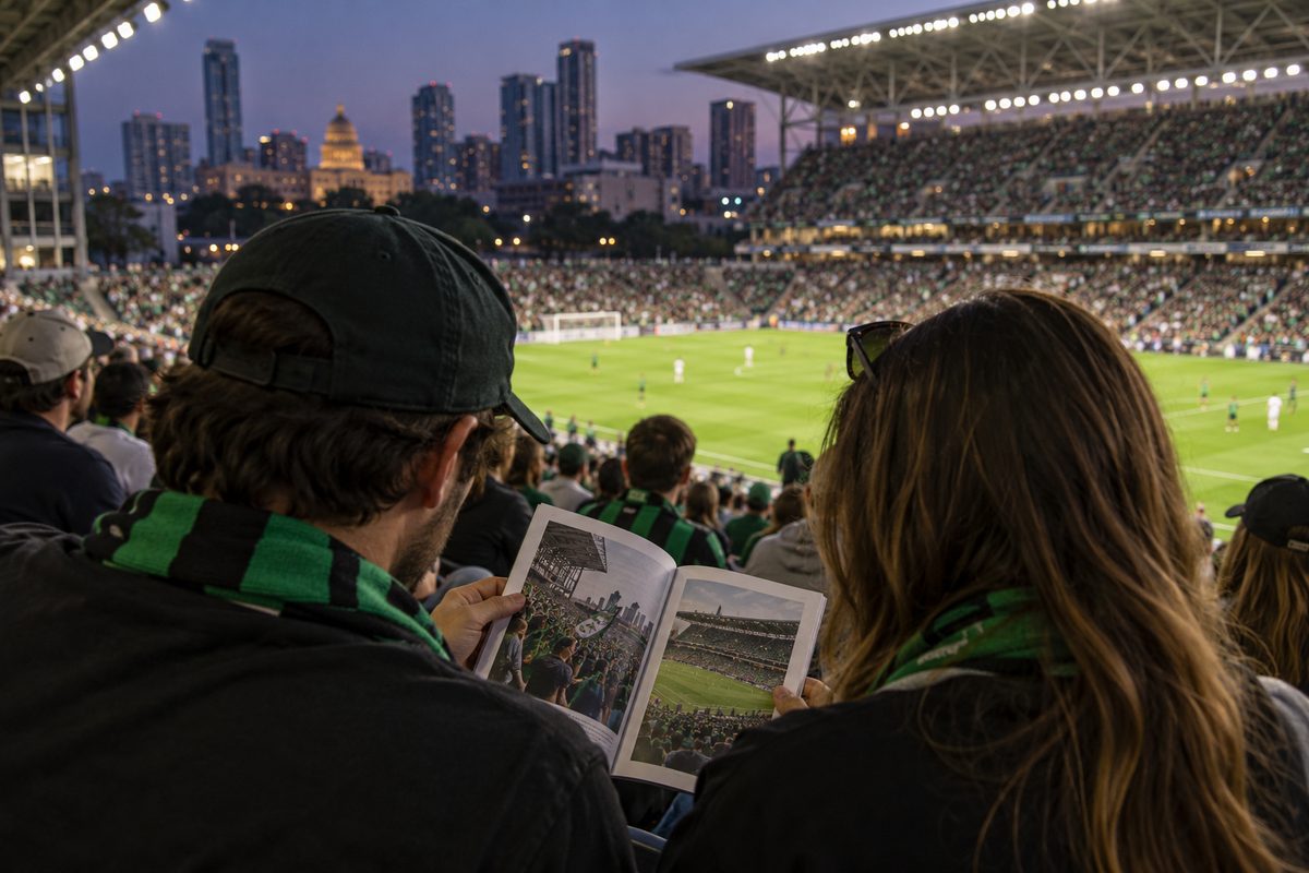 Two supporters reading a match programme beneath stadium lights