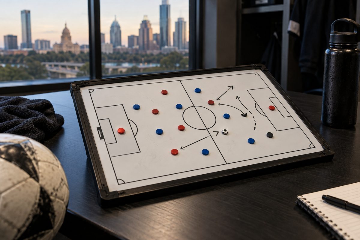 A football tactics board with abstract magnets and arrows